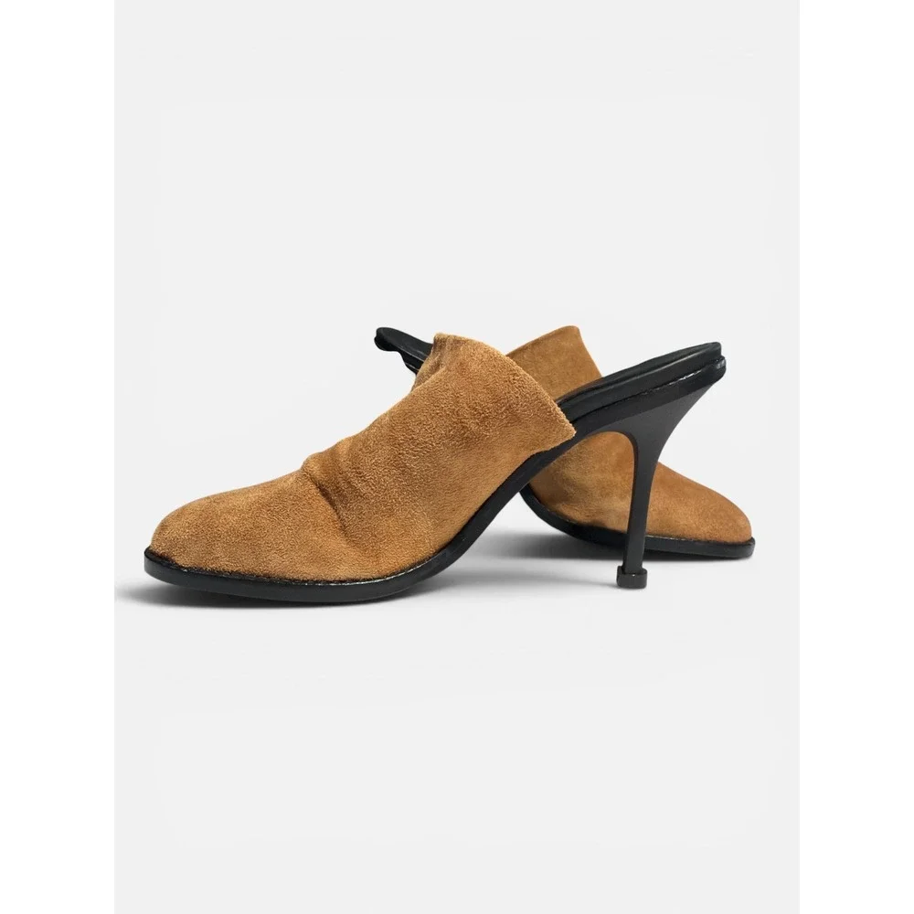 Free People Leila Tan Brown Suede Ruched Stiletto Mules 36 Sz 6
